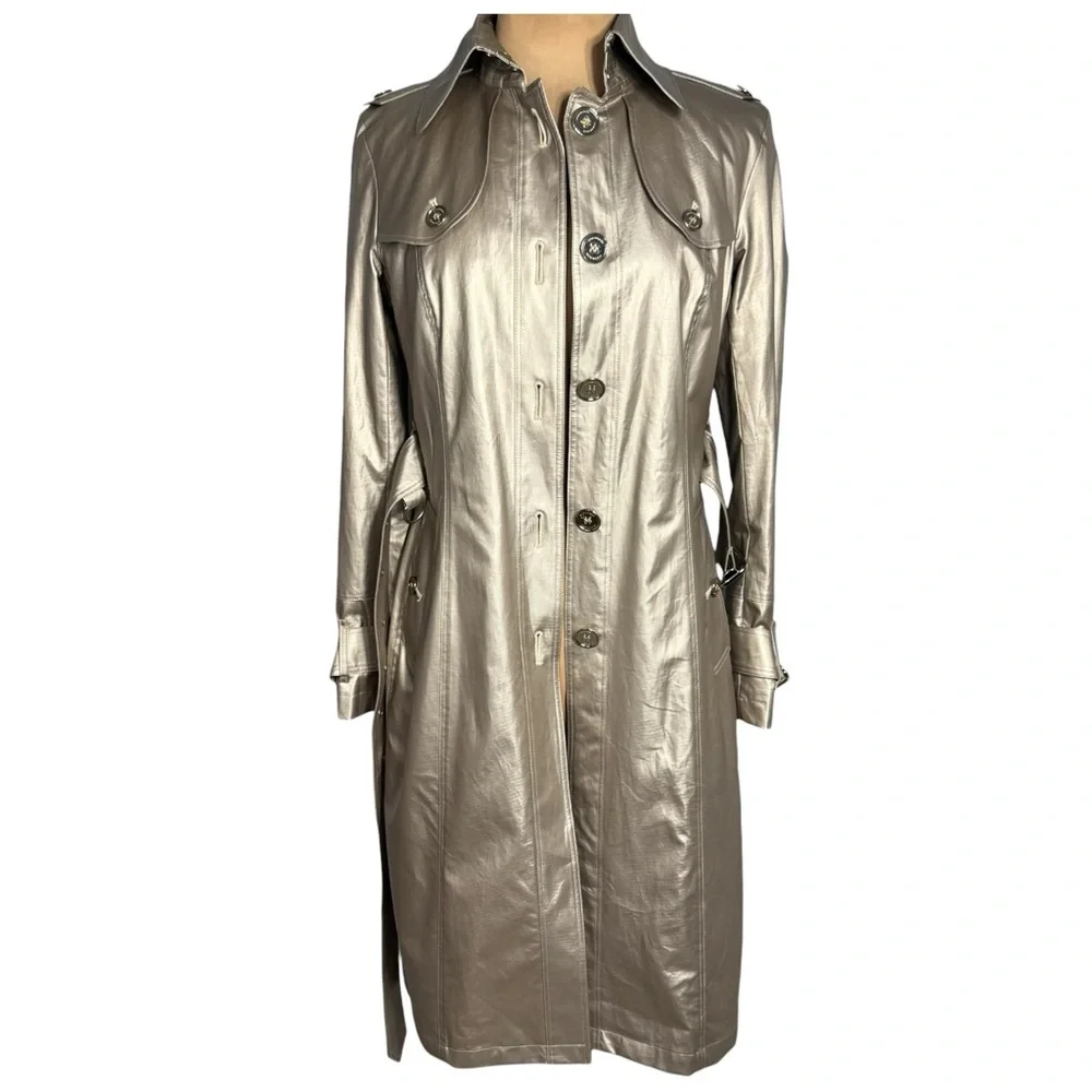 Burberry London Baldwin Metallic Trench Coat Champagne Muted Silver Gold US 6 - Picture 7 of 13